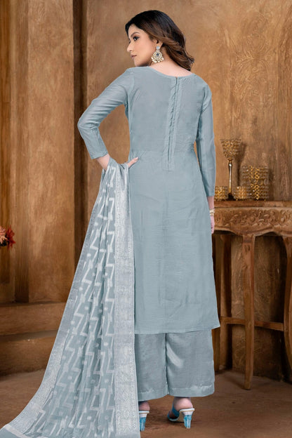 Grey Unstitched Banarasi Jacquard Palazoo Pant Suit NCUS11610107