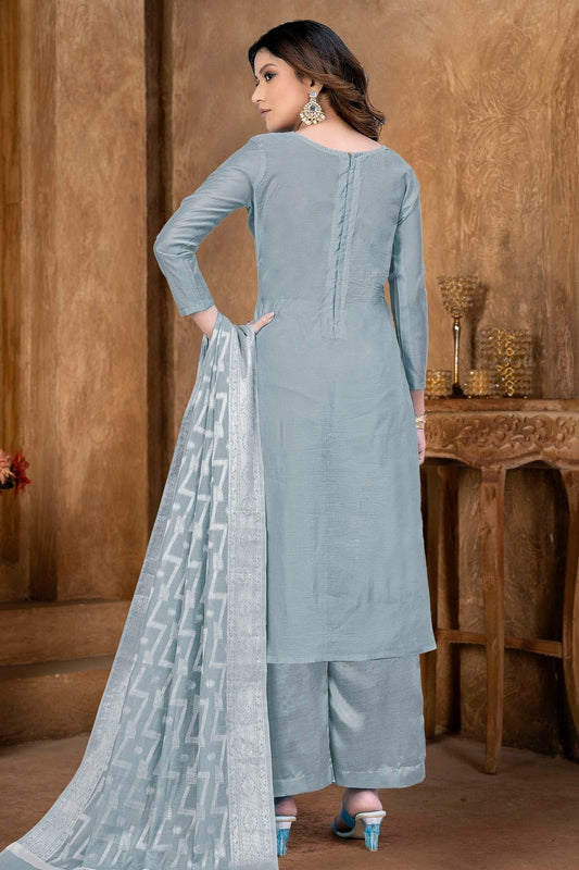 Grey Unstitched Banarasi Jacquard Palazoo Pant Suit NCUS11610107