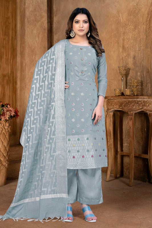 Grey Unstitched Banarasi Jacquard Palazoo Pant Suit NCUS11610107