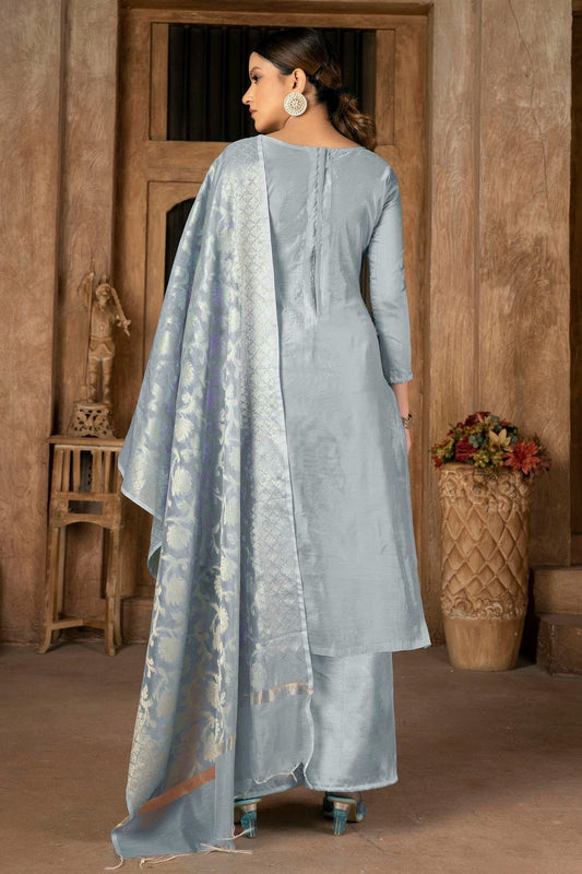 Grey Unstitched Banarasi Jacquard Palazoo Pant Suit NCUS11610170