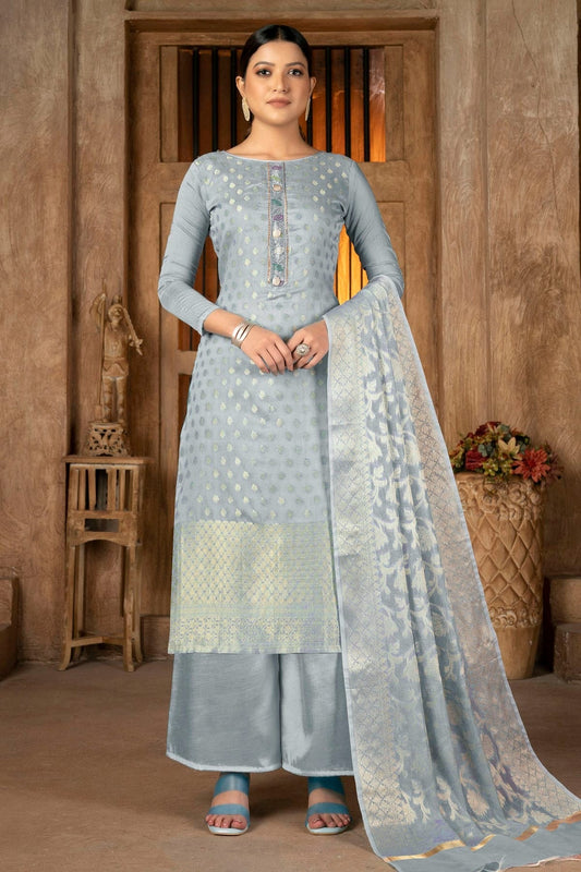 Grey Unstitched Banarasi Jacquard Palazoo Pant Suit NCUS11610170