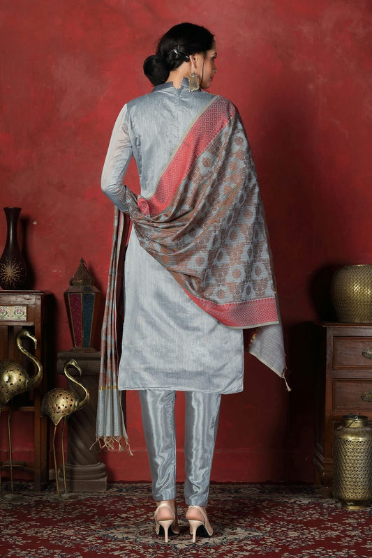 Grey Unstitched Banarasi Silk Churidar Suit NCUS11610112
