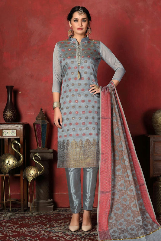Grey Unstitched Banarasi Silk Churidar Suit NCUS11610112