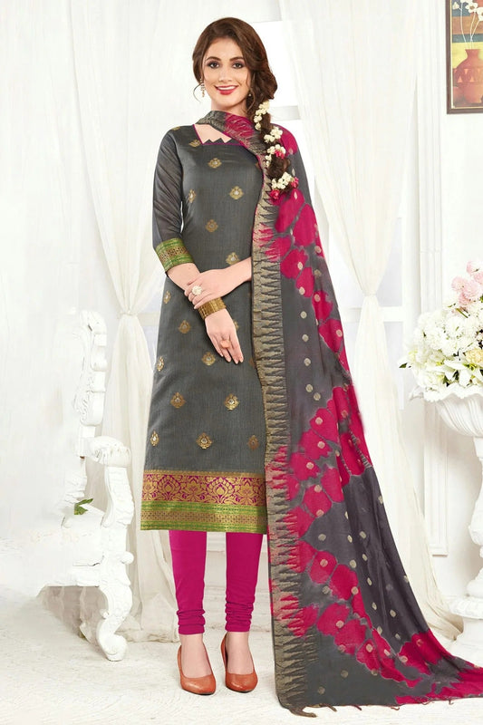 Grey Unstitched Banarasi Silk Straight Suit NCUS11610273