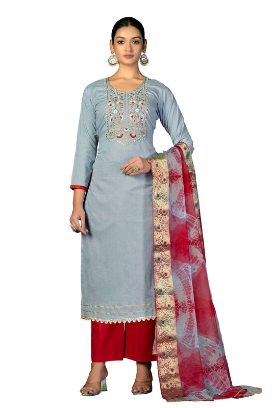 Grey Unstitched Cambric Cotton Straight Suit NCUS11610307