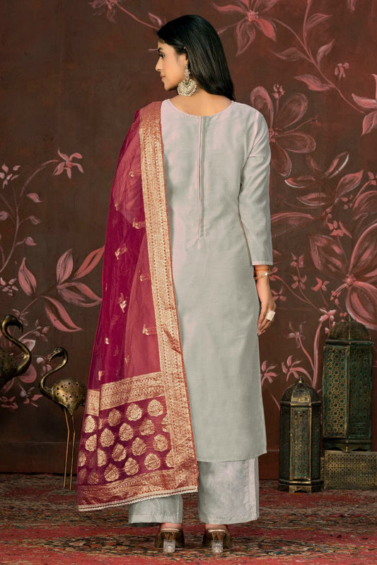 Grey Unstitched Cotton Jacquard Straight Suit NCUS11610161