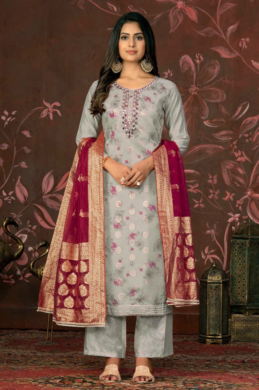 Grey Unstitched Cotton Jacquard Straight Suit NCUS11610161