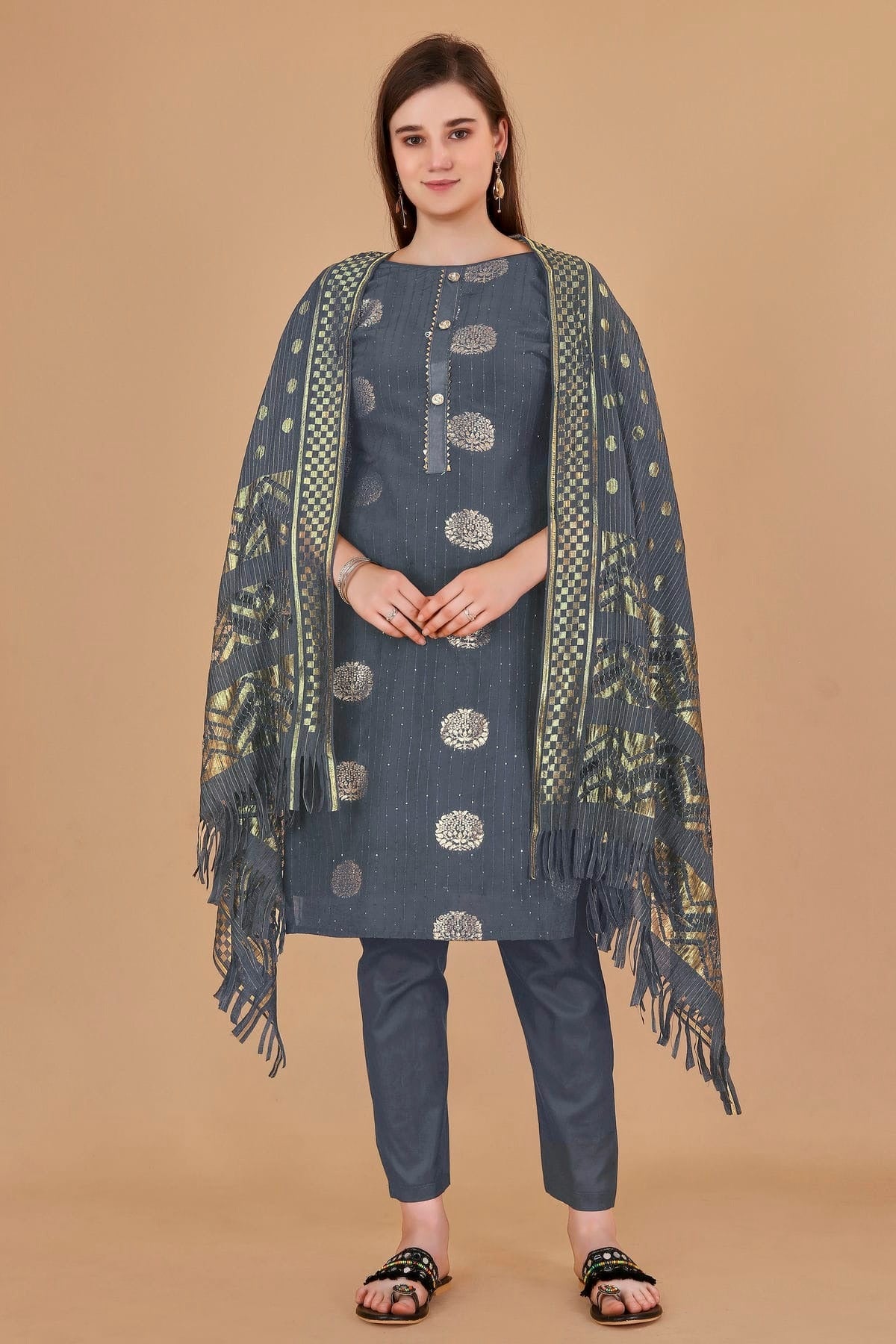 Grey Unstitched Cotton Jacquard Straight Suit NCUS11610381