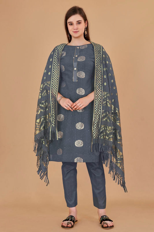 Grey Unstitched Cotton Jacquard Straight Suit NCUS11610381