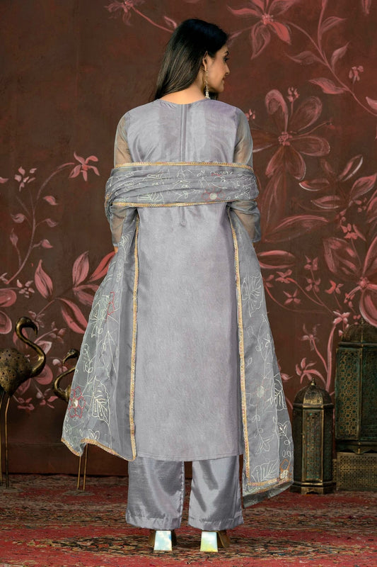 Grey Unstitched Organza Jacquard Straight Suit NCUS11610131
