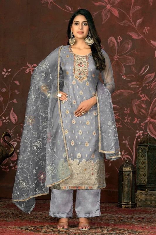 Grey Unstitched Organza Jacquard Straight Suit NCUS11610131