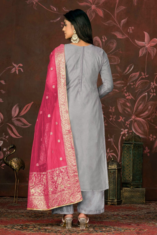 Grey Unstitched Organza Jacquard Straight Suit NCUS11610166
