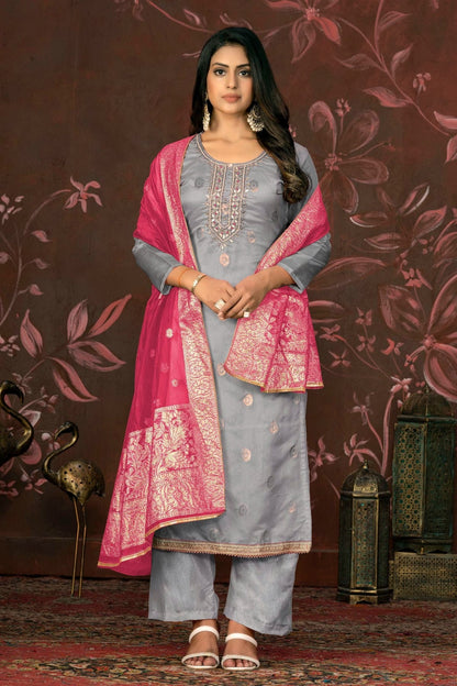Grey Unstitched Organza Jacquard Straight Suit NCUS11610166