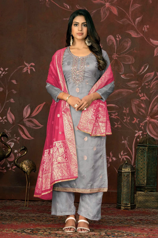 Grey Unstitched Organza Jacquard Straight Suit NCUS11610166