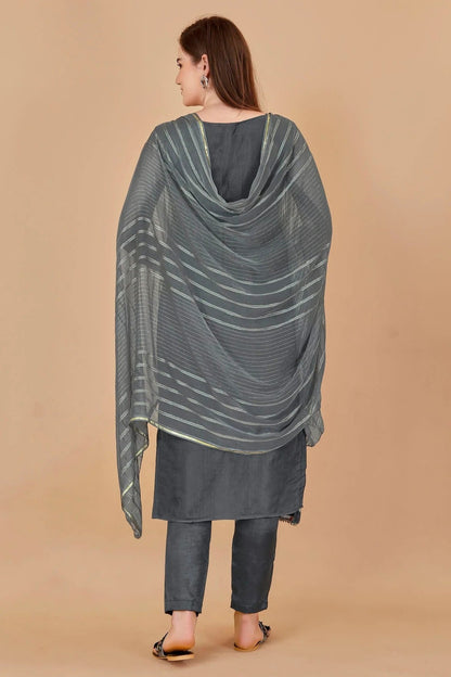 Grey Unstitched Organza Jacquard Straight Suit NCUS11610303