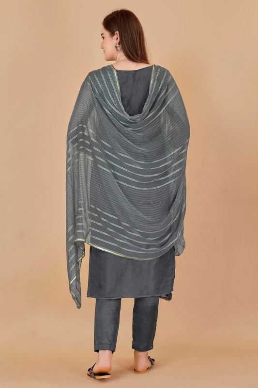 Grey Unstitched Organza Jacquard Straight Suit NCUS11610303