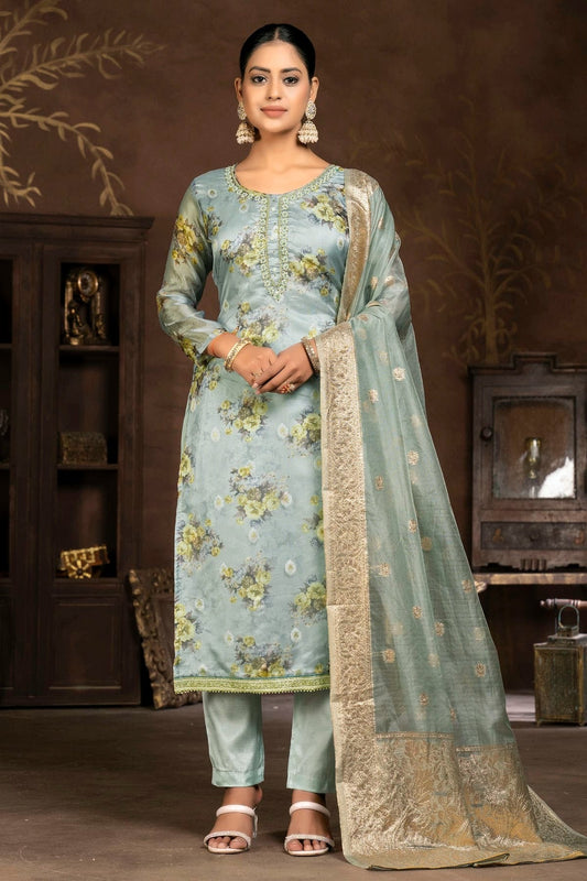 Grey Unstitched Organza Pant Style Suit NCUS11610174