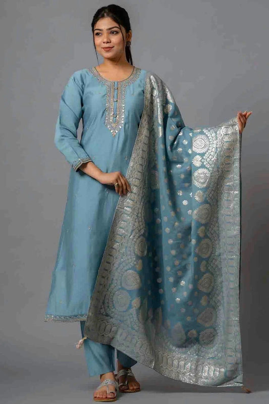 Grey Viscose Chanderi Embroidery Pant Style Suit NCSS11110357