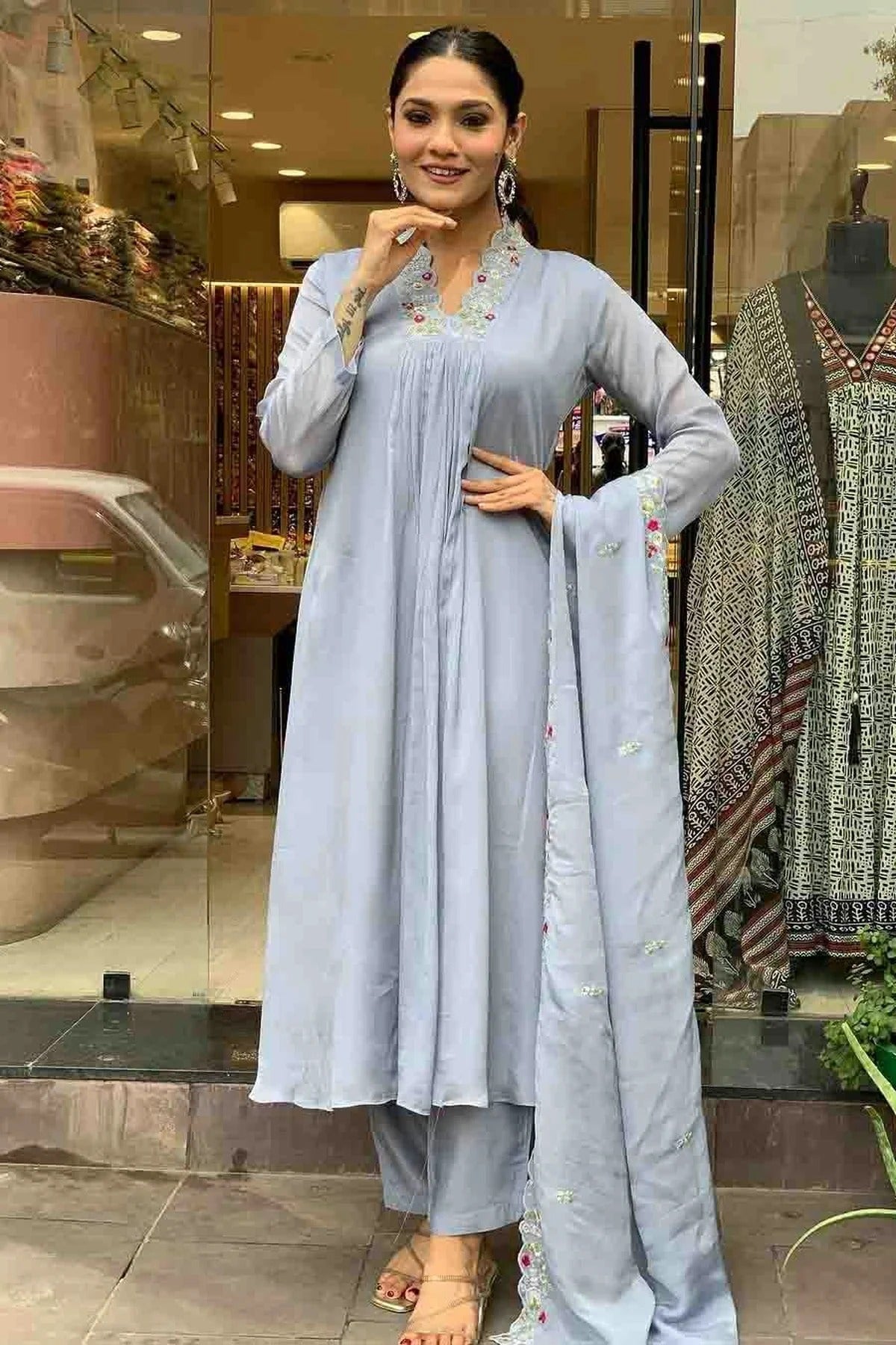 Grey Viscose Chinon Stitched Suit NCSS11110653