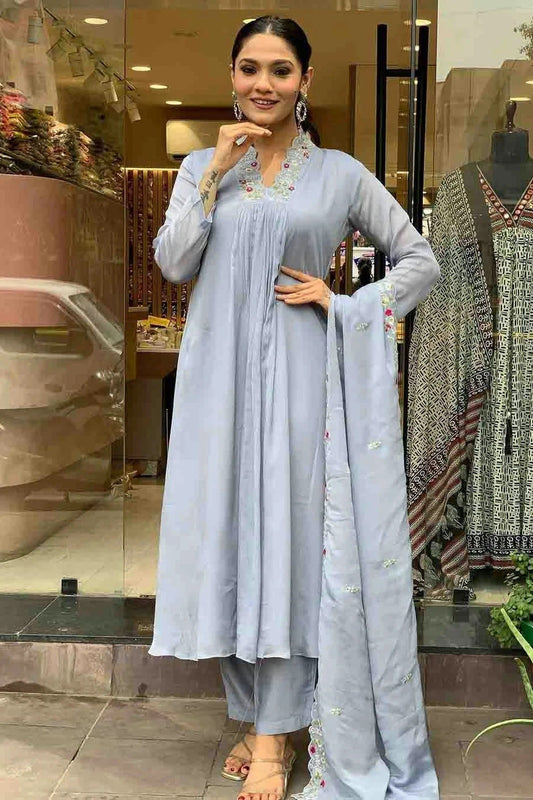 Grey Viscose Chinon Stitched Suit NCSS11110653
