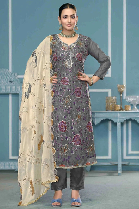 Grey Viscose Organza Pant Style Suit NCSM11110706