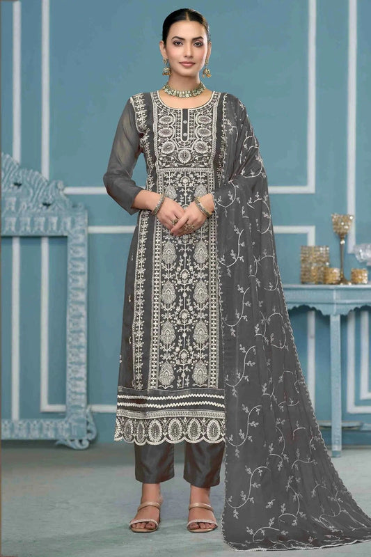 Grey Viscose Organza Pant Style Suit NCSM11110755