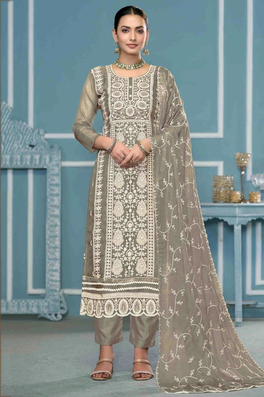 Grey Viscose Organza Pant Style Suit NCSM11110757