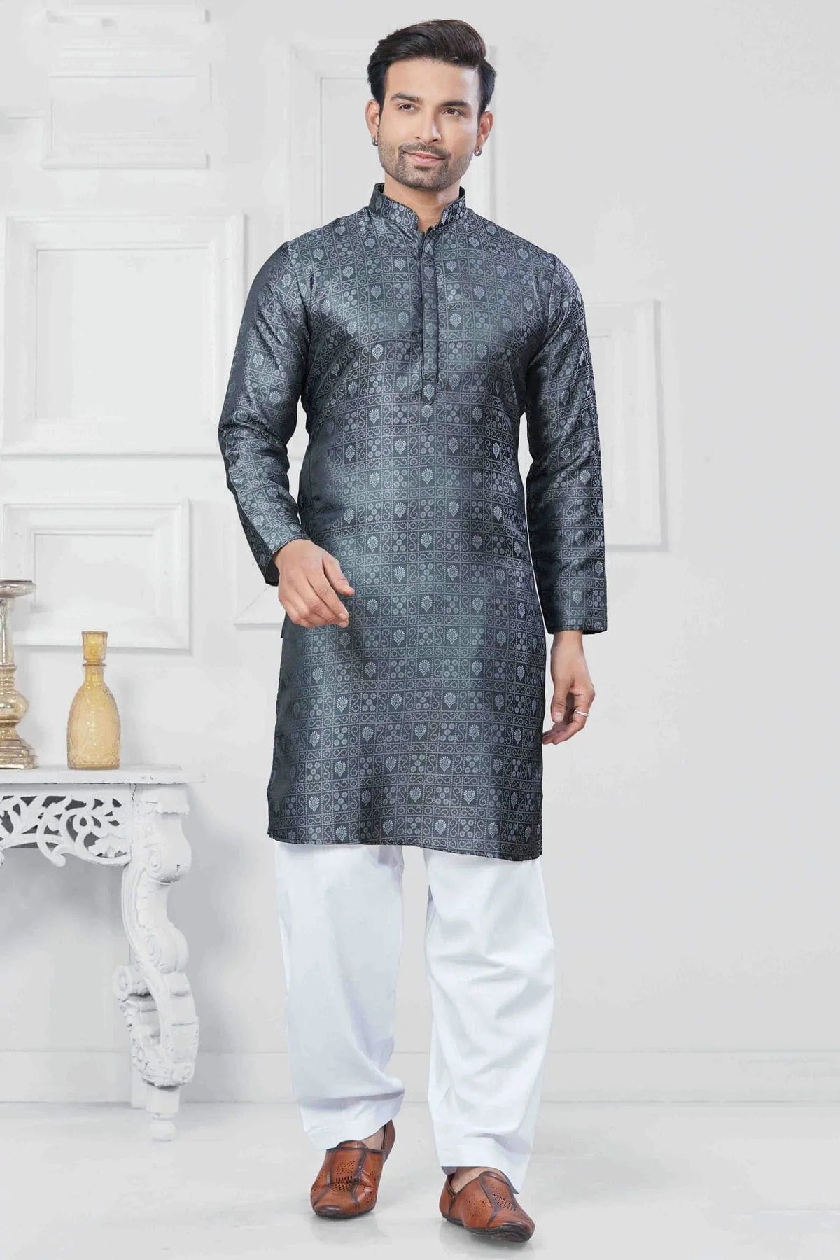 Grey Woven Jacquard Silk Kurta Pajama NCKP11110533
