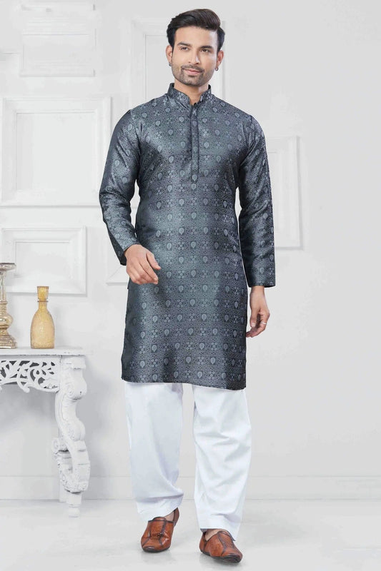 Grey Woven Jacquard Silk Kurta Pajama NCKP11110533