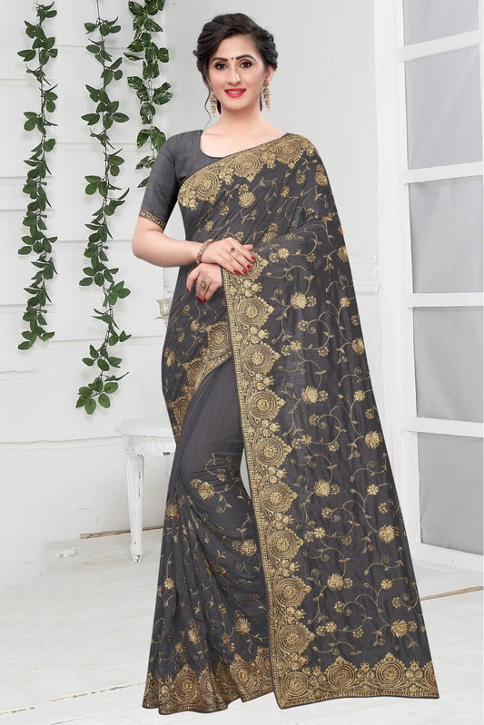 Grey and Blue Vichitra Silk Designer Saree NCSD10910542