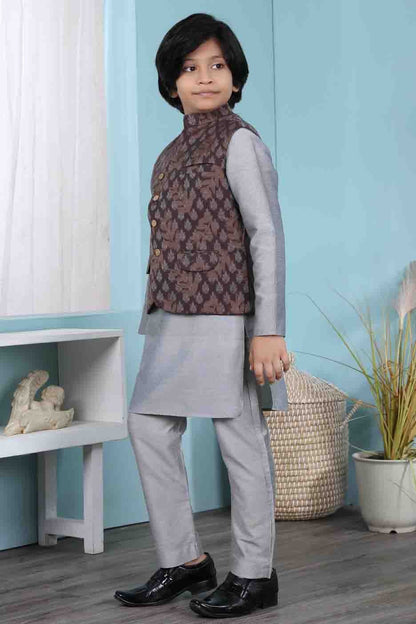 Grey and Brown Cotton Silk Kurta PajamaWith Jacket  NCBW10710714