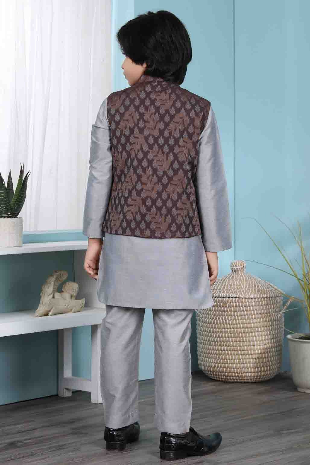 Grey and Brown Cotton Silk Kurta PajamaWith Jacket  NCBW10710714