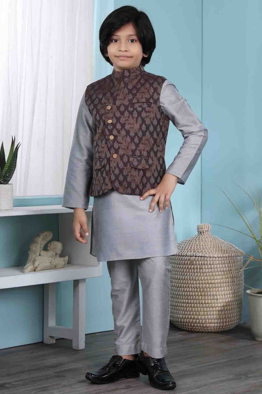 Grey and Brown Cotton Silk Kurta PajamaWith Jacket NCBW10710714
