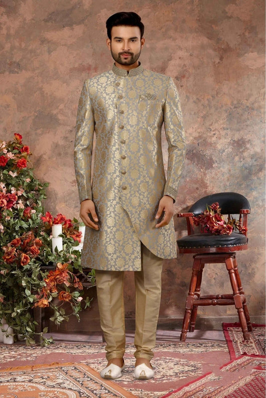 Grey and Gold Jacquard Woven Sherwani NCSH10410415