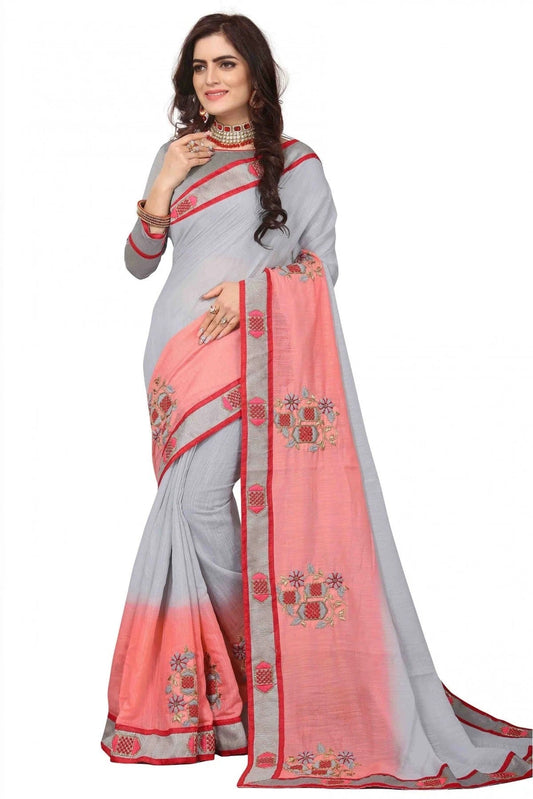 Grey and Peach Art Silk Embroidery Saree NCSD11210549