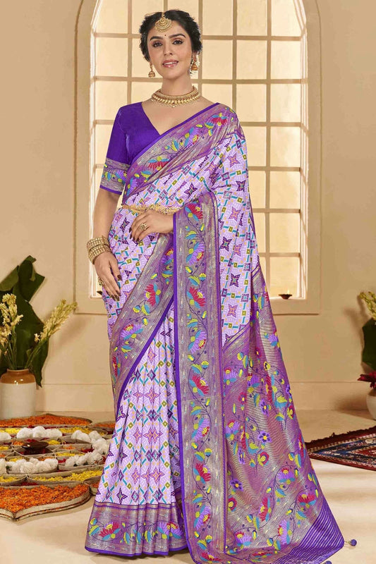 Lavender Cotton Silk Ikkat Printed Traditional Saree NCSD11110418