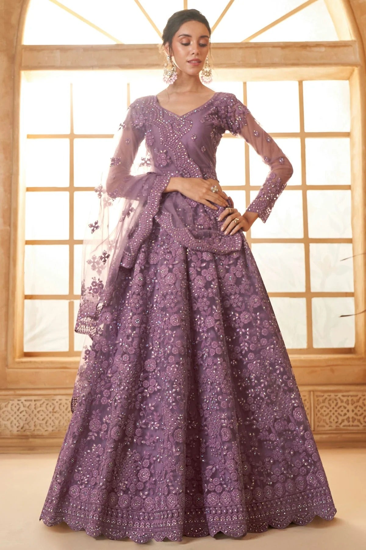 Lavender Embroidery Net and SilK Lehenga Choli NCLC12910133