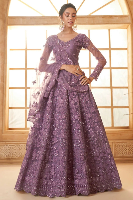 Lavender Embroidery Net and SilK Lehenga Choli NCLC12910133