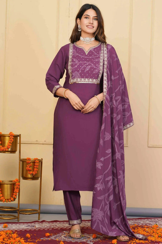 Lavender Embroidery Viscose Chanderi Stitched Suit NCSS11111318