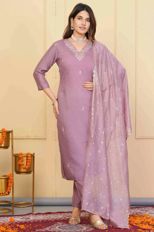 Lavender Embroidery Viscose Chanderi Stitched Suit NCSS11111319