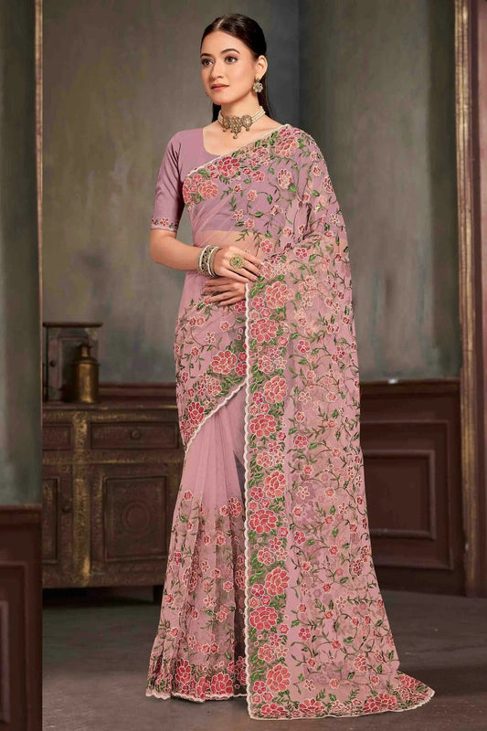 Lavender Net Embroidery Designer Saree NCSD10910117