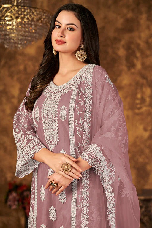 Lavender Net Semi Stitched Palazzo Pant Suit NCSM10510394