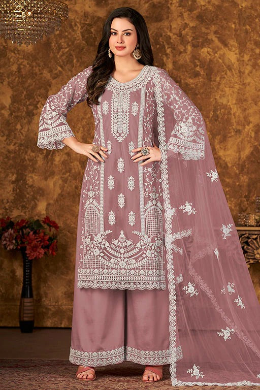 Lavender Net Semi Stitched Palazzo Pant Suit NCSM10510394