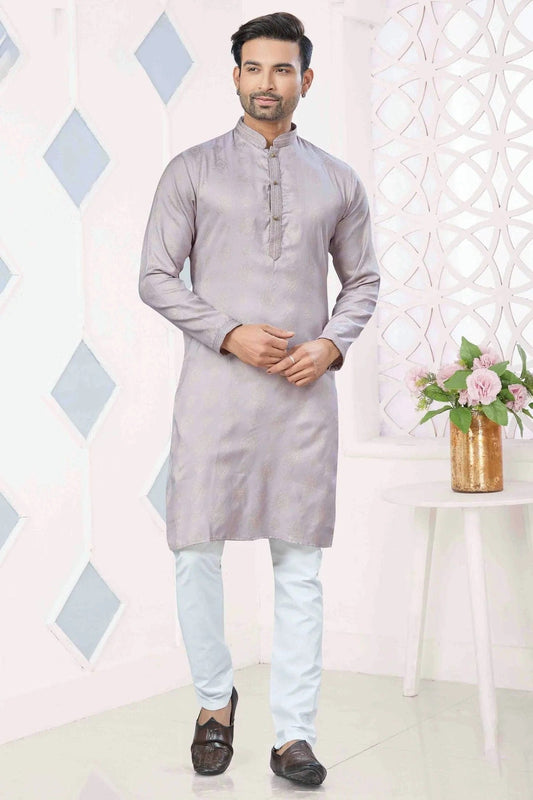 Lavender Pintex and Woven Jacquard Silk Kurta Pajama NCKP11110578