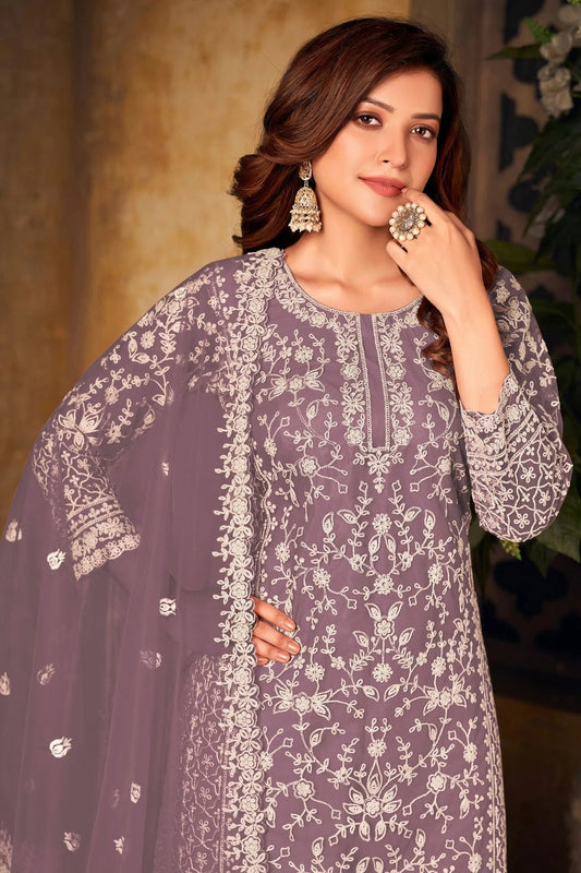 Lavender Plazoo Pant SuitNet Semi Stitched  NCSM10510237