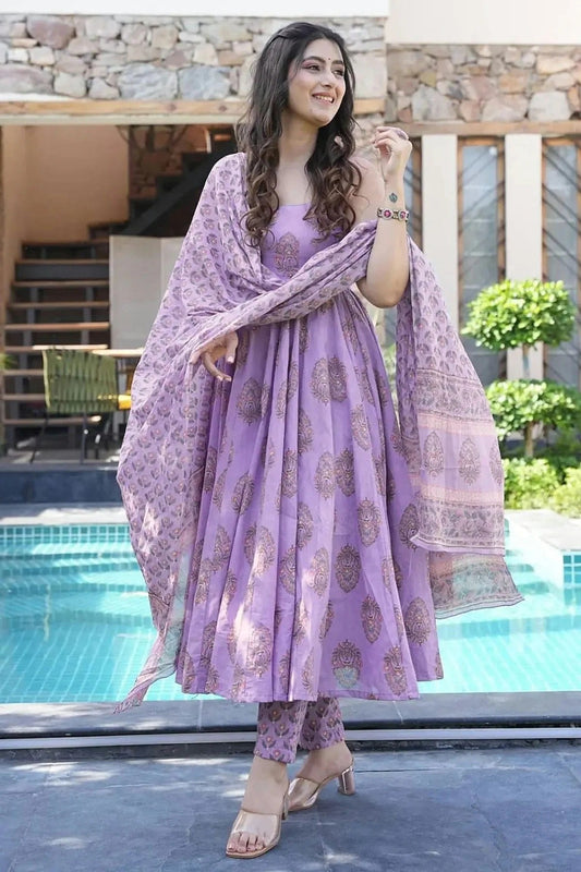Lavender Printed Muslin Stitched Suit NCSS11111300