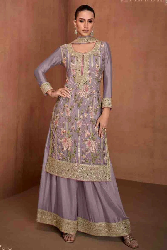 Lavender Semi Stitched Chinon Palazzo Pant Suit NCSM11410346