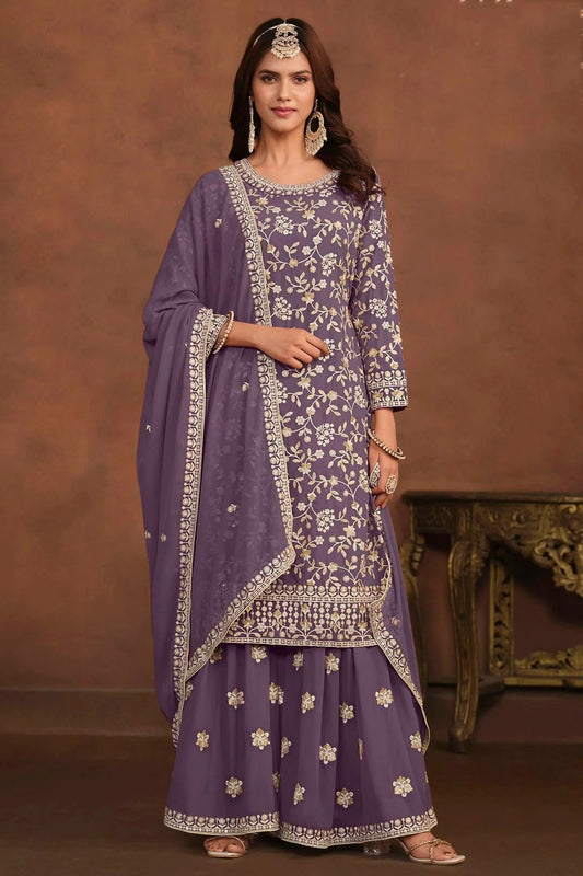 Lavender Semi Stitched Faux Georgette Sharara Suit NCSM10510276