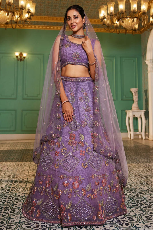 Lavender Semi Stitched Net Lehenga Choli NCLC11111245