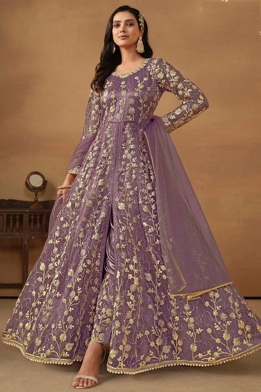 Lavender Semi Stitched Net Pant Style Suit NCSM10510271